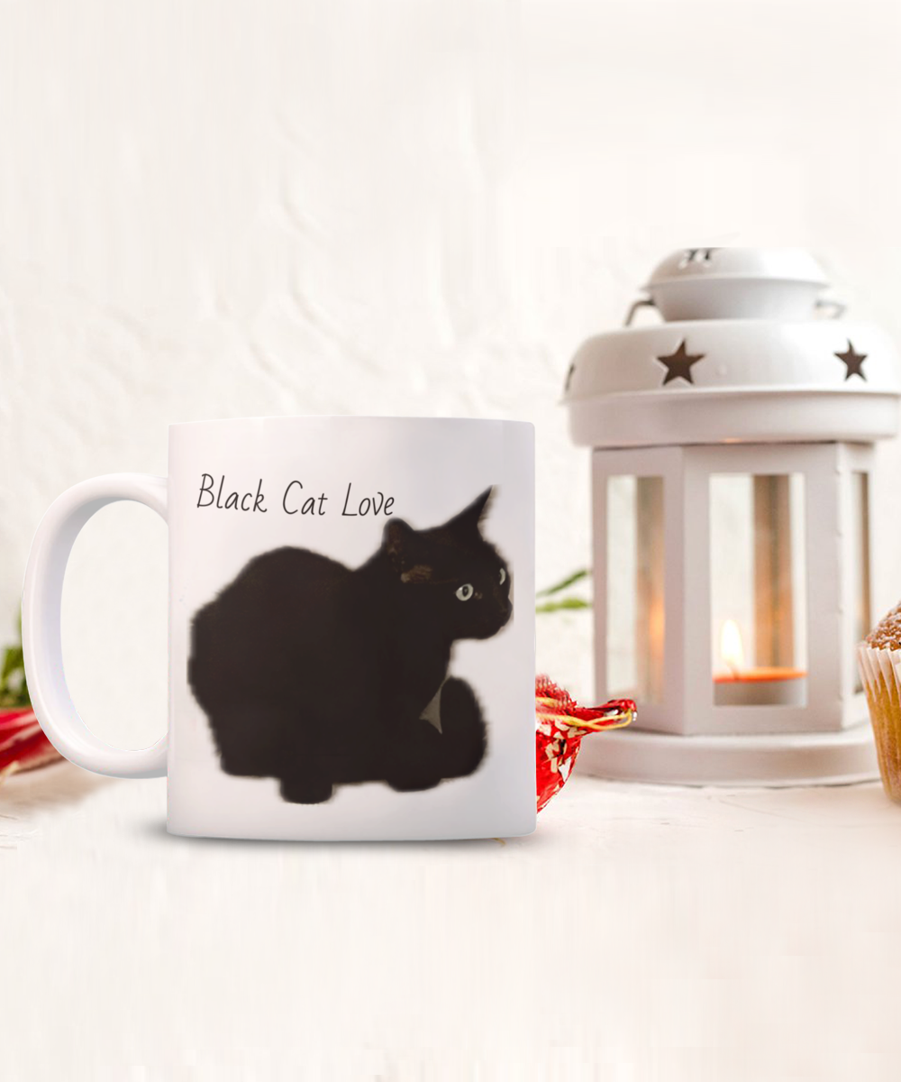 Black cat of the family, 11oz  or 15oz coffee mug, black cat love, black cat squatting, text and image on back of comfortable cat "I am the black cat of the family, I make myself comfortable in all the awkward places