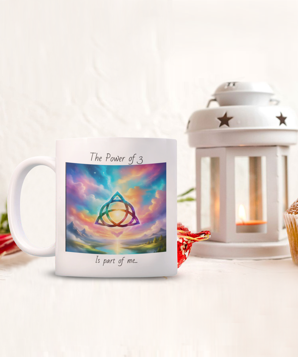 trquetra coffee mug, the power of three is part of me, 11oz, 15oz, colourful, bright, affirmation, empowered, sky, symbol, gift for charmed lovers