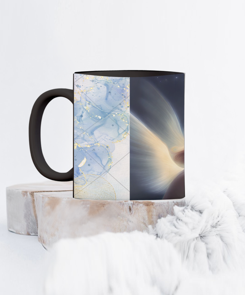 Full wrap mug, 11oz, 15oz, angel blowing on dandelion pod, making a wish