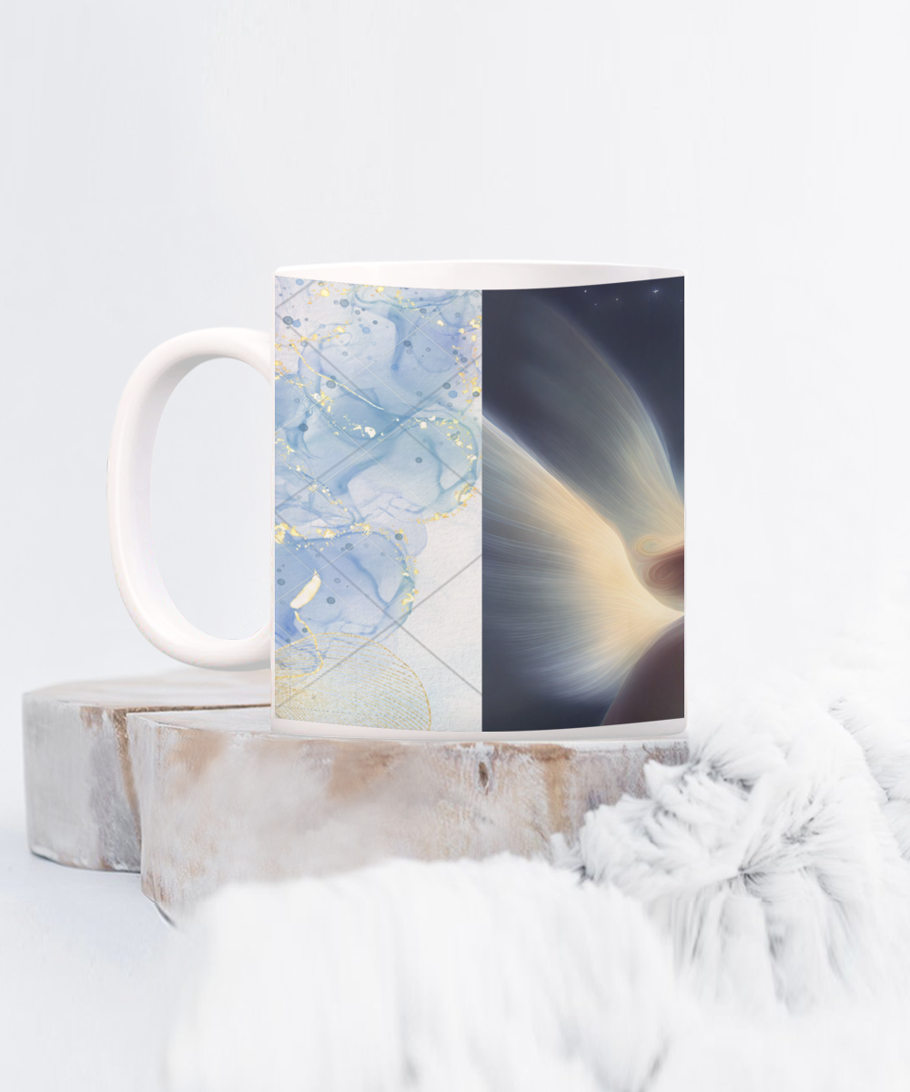 Full wrap mug, 11oz, 15oz, angel blowing on dandelion pod, making a wish