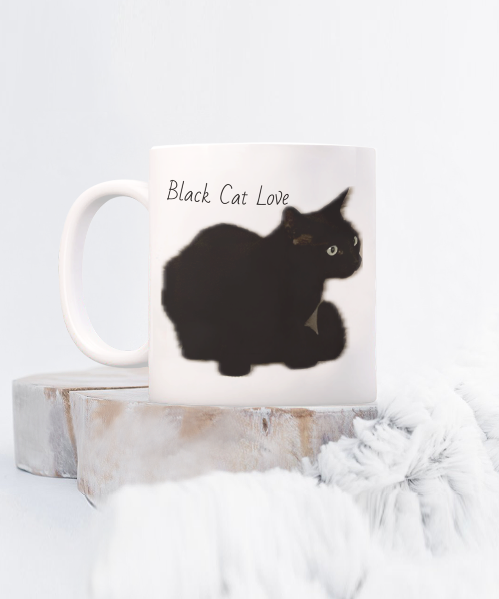 Black cat of the family, 11oz  or 15oz coffee mug, black cat love, black cat squatting, text and image on back of comfortable cat "I am the black cat of the family, I make myself comfortable in all the awkward places