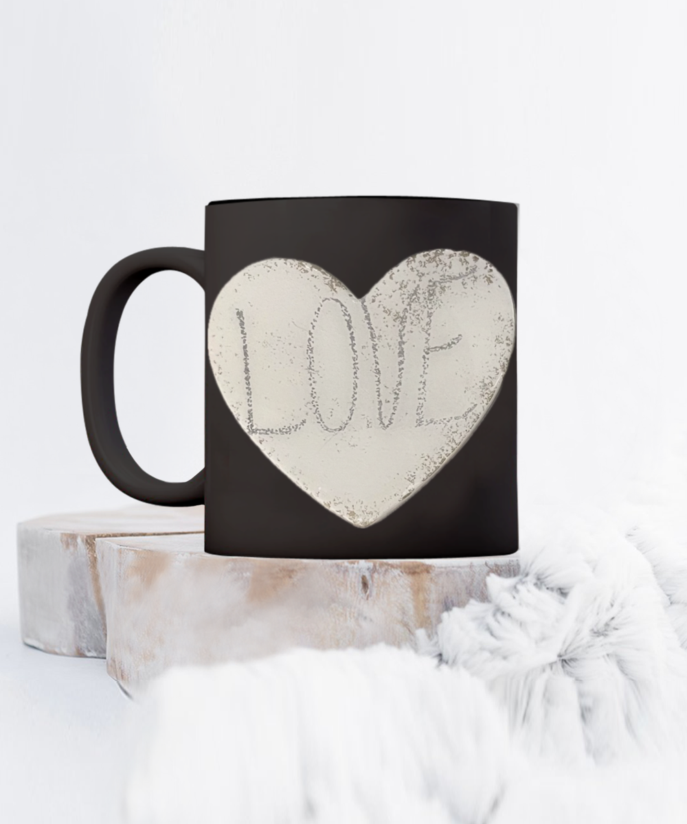 11oz love mug in black or white, stone look, love heart and text, gift for him or her, loved one