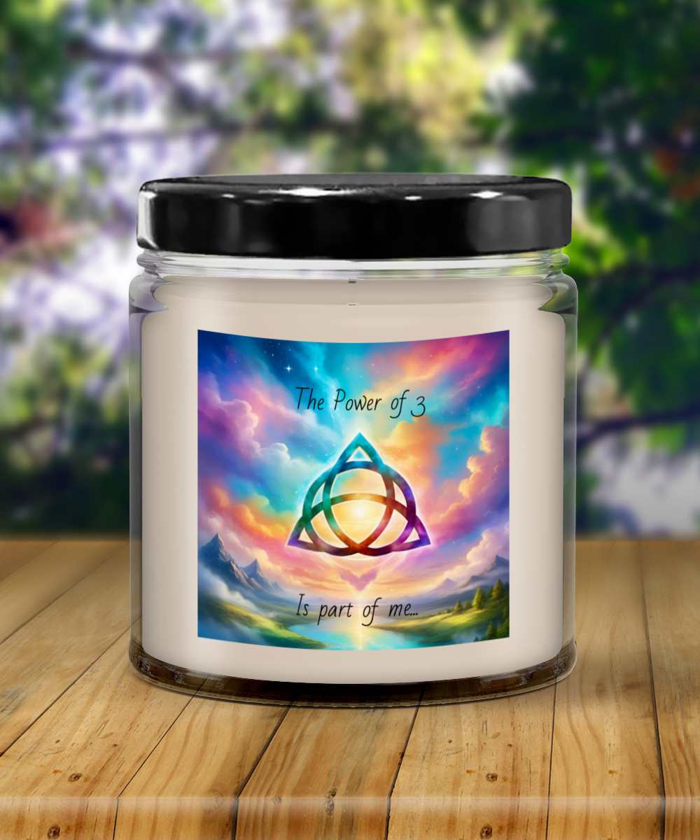 The power of 3 is part of me candle, vanilla scented, soy wax, container candle, spiritual, triquetra symbol, affirmation