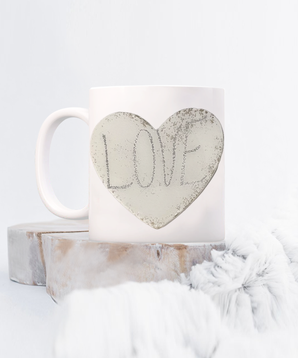 11oz love mug in black or white, stone look, love heart and text, gift for him or her, loved one