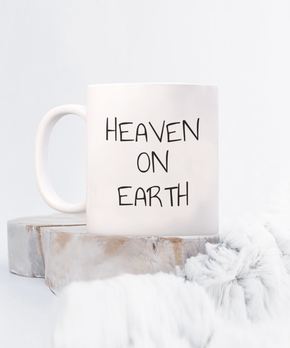 heaven on earth mug, large text and bright fantasy image of man in prayer hands and bright aura, 11oz, 15 oz mug, coffee cup, gift for spiritual male, female