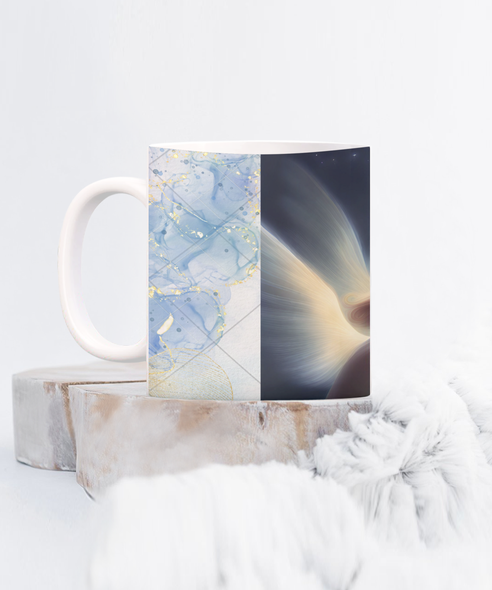 Full wrap mug, 11oz, 15oz, angel blowing on dandelion pod, making a wish