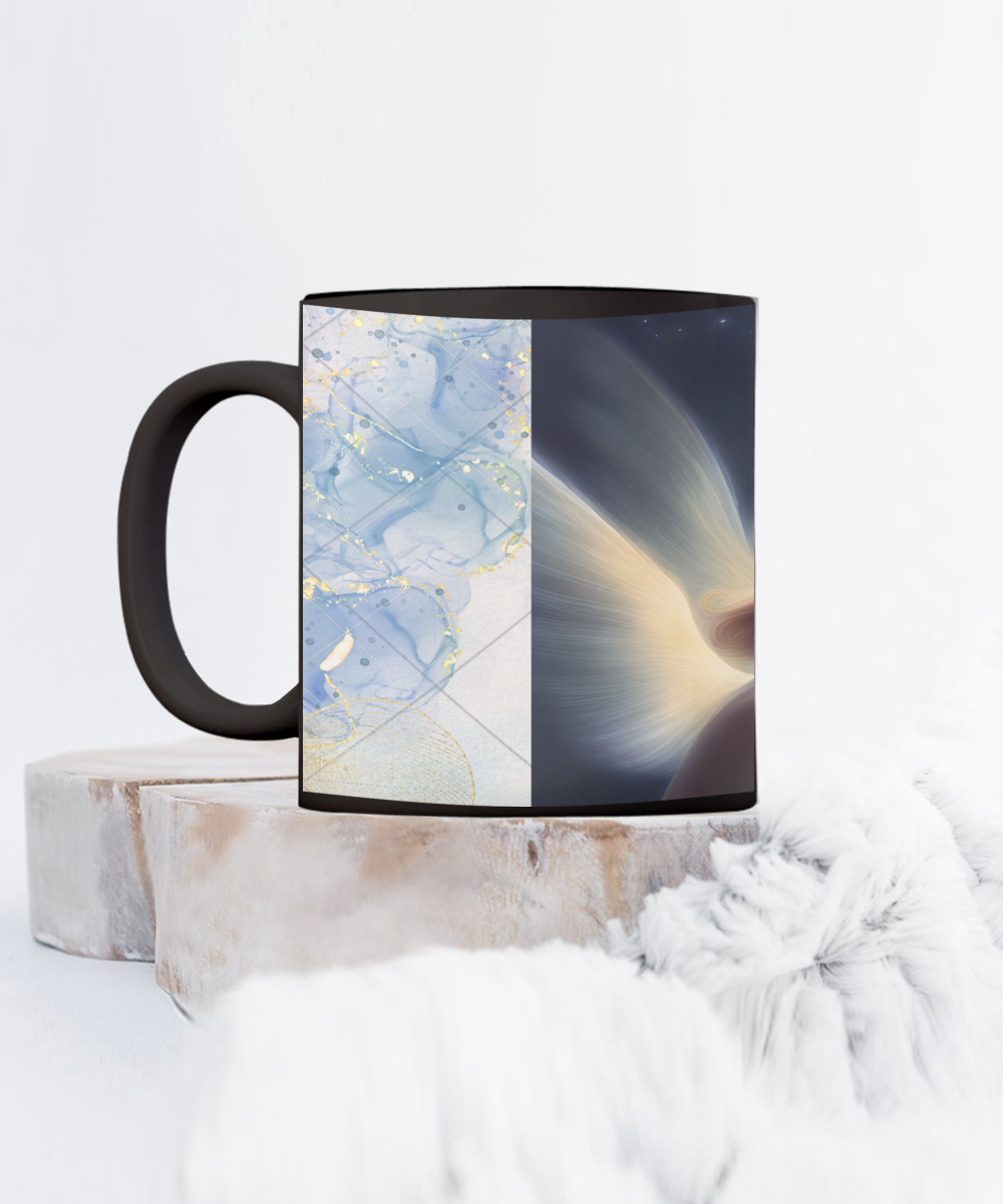 Full wrap mug, 11oz, 15oz, angel blowing on dandelion pod, making a wish