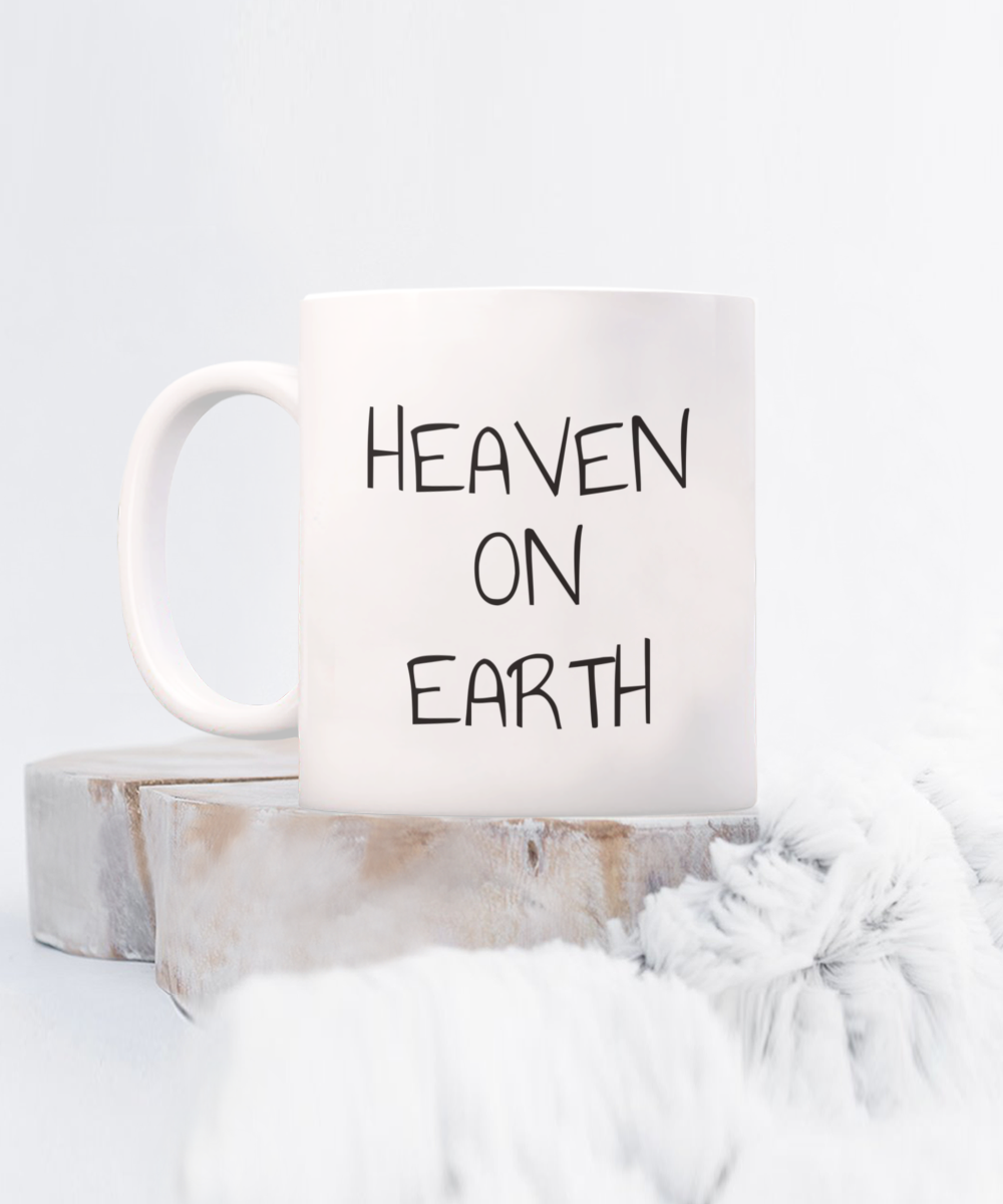 heaven on earth mug, large text and bright fantasy image of man in prayer hands and bright aura, 11oz, 15 oz mug, coffee cup, gift for spiritual male, female