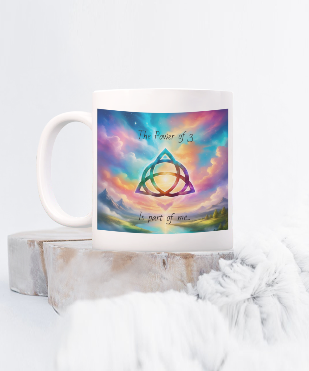 The power of 3 is part of me mug, 11oz, 15oz, black, white, colourful, affirmation, empowering, triquetra symbol, gift for charmed lovers