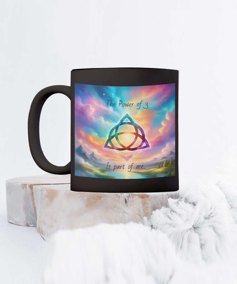 The power of 3 is part of me mug, 11oz, 15oz, black, white, colourful, affirmation, empowering, triquetra symbol, gift for charmed lovers