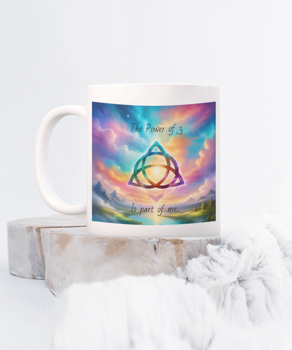 The power of 3 is part of me mug, 11oz, 15oz, black, white, colourful, affirmation, empowering, triquetra symbol, gift for charmed lovers