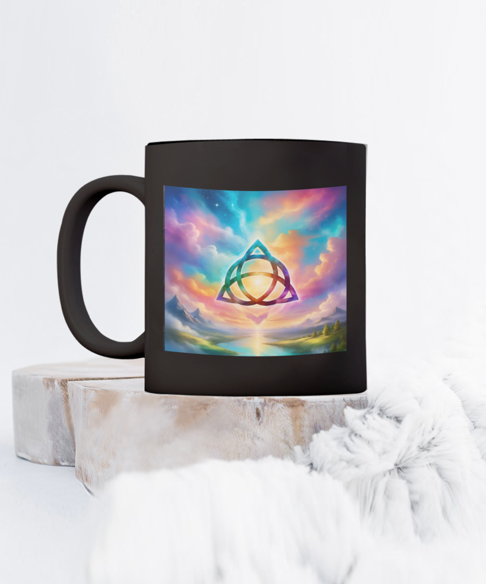 trquetra coffee mug, the power of three is part of me, 11oz, 15oz, colourful, bright, affirmation, empowered, sky, symbol, gift for charmed lovers