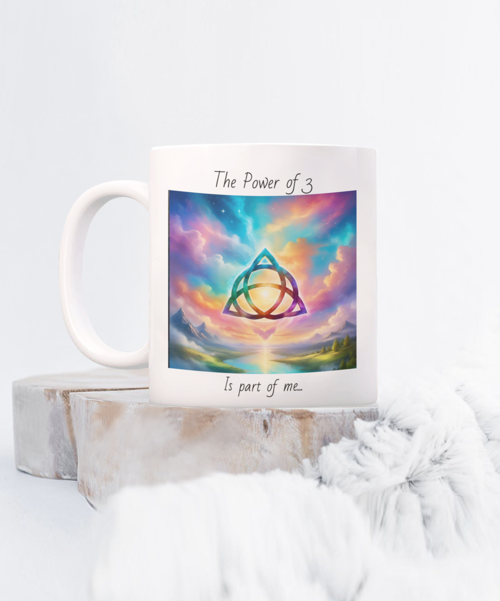 trquetra coffee mug, the power of three is part of me, 11oz, 15oz, colourful, bright, affirmation, empowered, sky, symbol, gift for charmed lovers