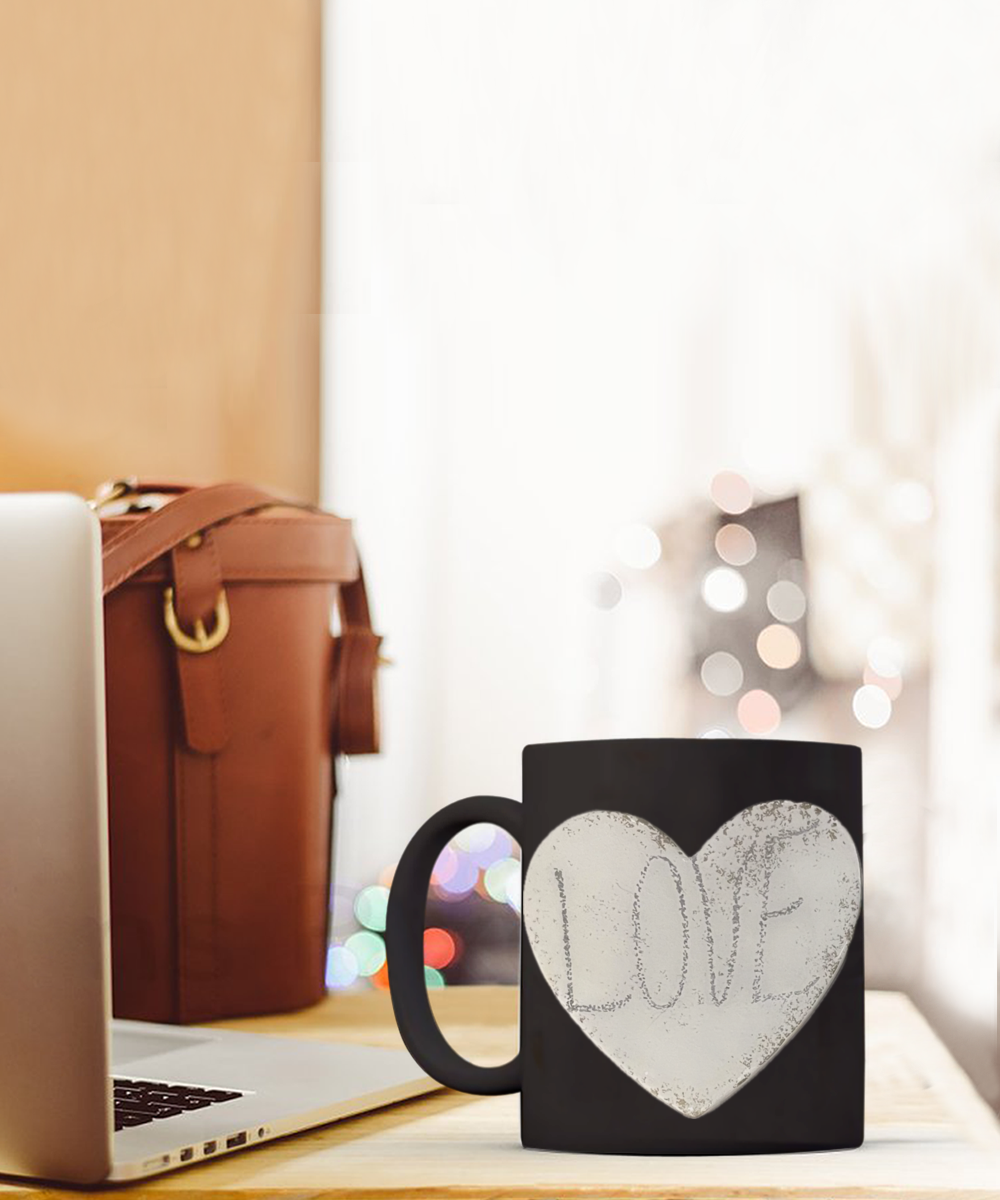 11oz love mug in black or white, stone look, love heart and text, gift for him or her, loved one