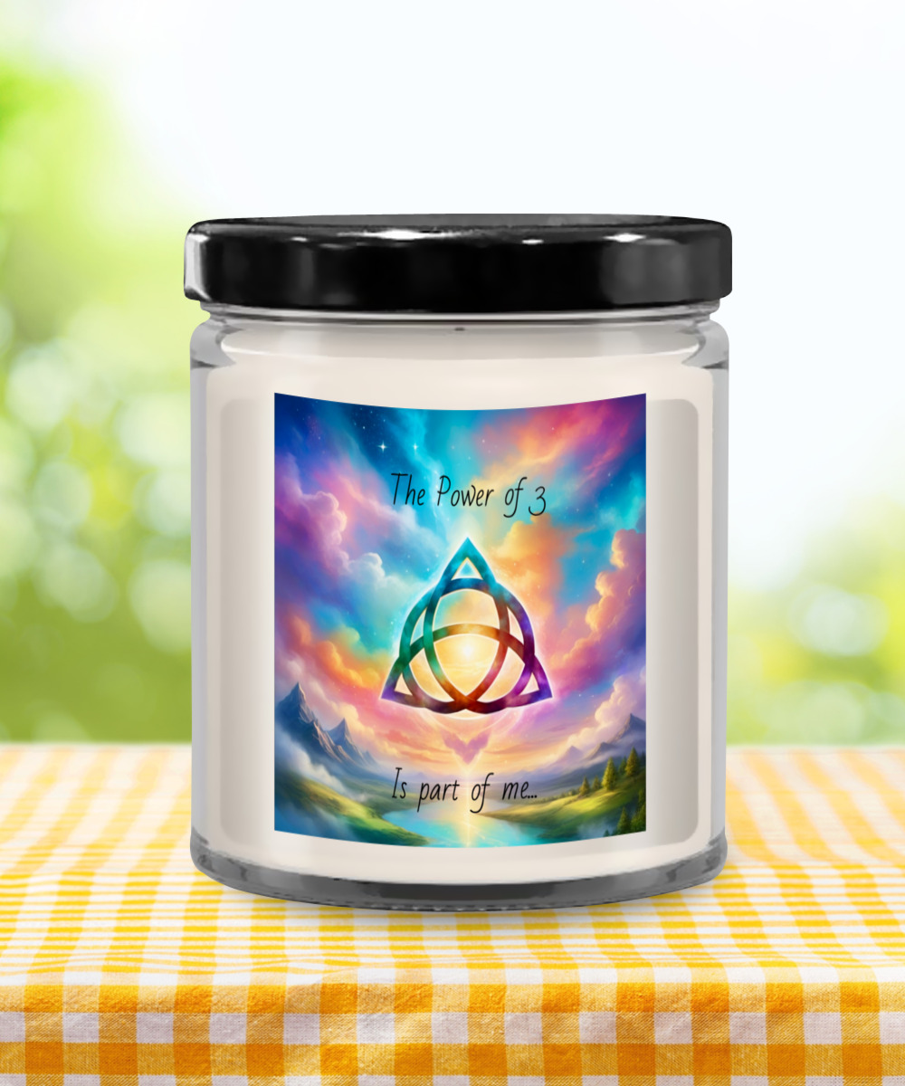 The power of 3 is part of me candle, vanilla scented, soy wax, container candle, spiritual, triquetra symbol, affirmation