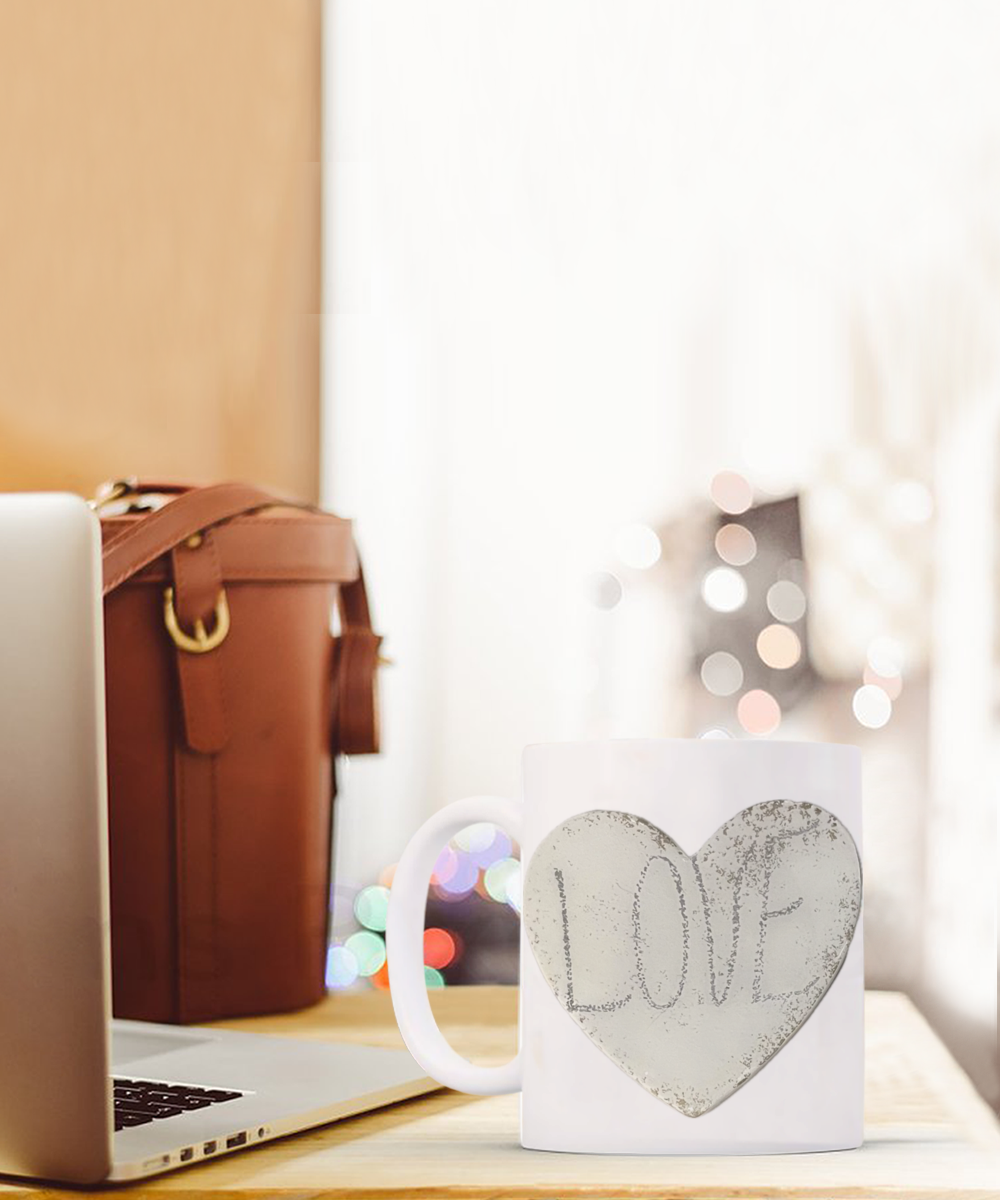 11oz love mug in black or white, stone look, love heart and text, gift for him or her, loved one