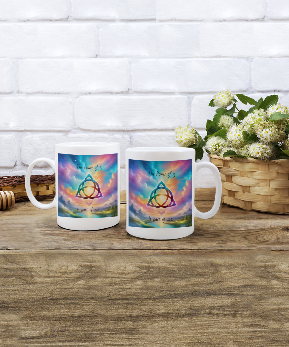 The power of 3 is part of me mug, 11oz, 15oz, black, white, colourful, affirmation, empowering, triquetra symbol, gift for charmed lovers