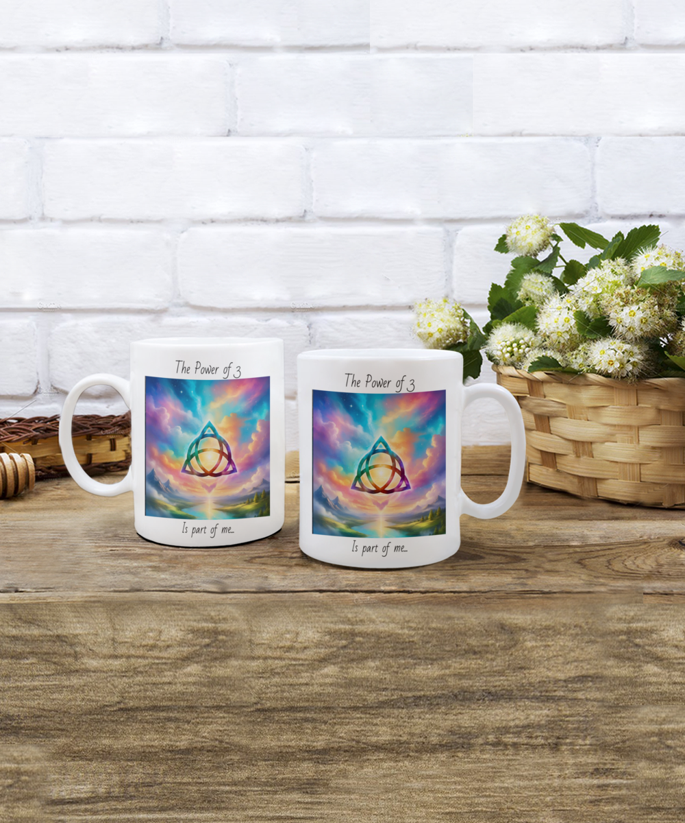 trquetra coffee mug, the power of three is part of me, 11oz, 15oz, colourful, bright, affirmation, empowered, sky, symbol, gift for charmed lovers