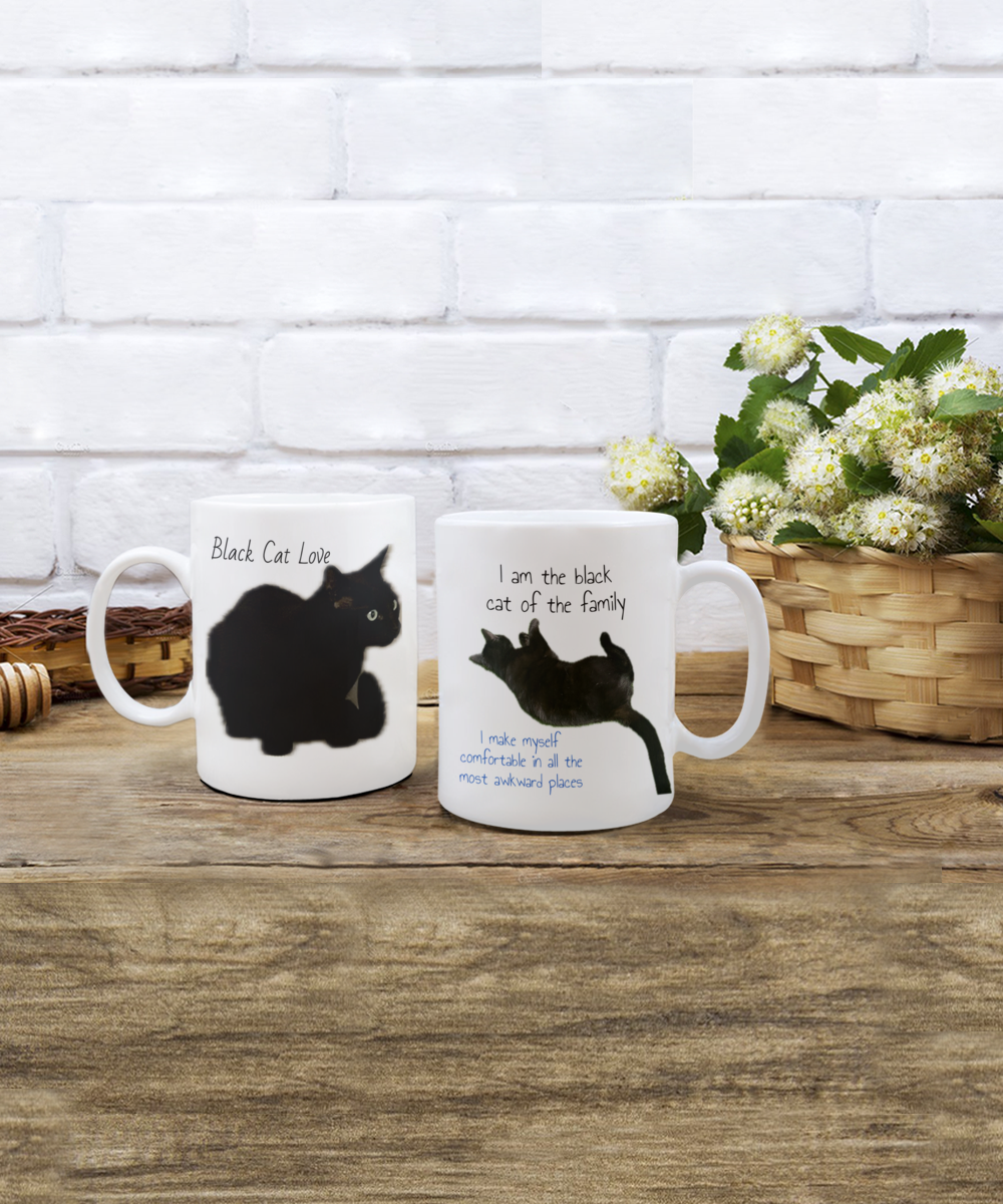 Black cat of the family, 11oz  or 15oz coffee mug, black cat love, black cat squatting, text and image on back of comfortable cat "I am the black cat of the family, I make myself comfortable in all the awkward places