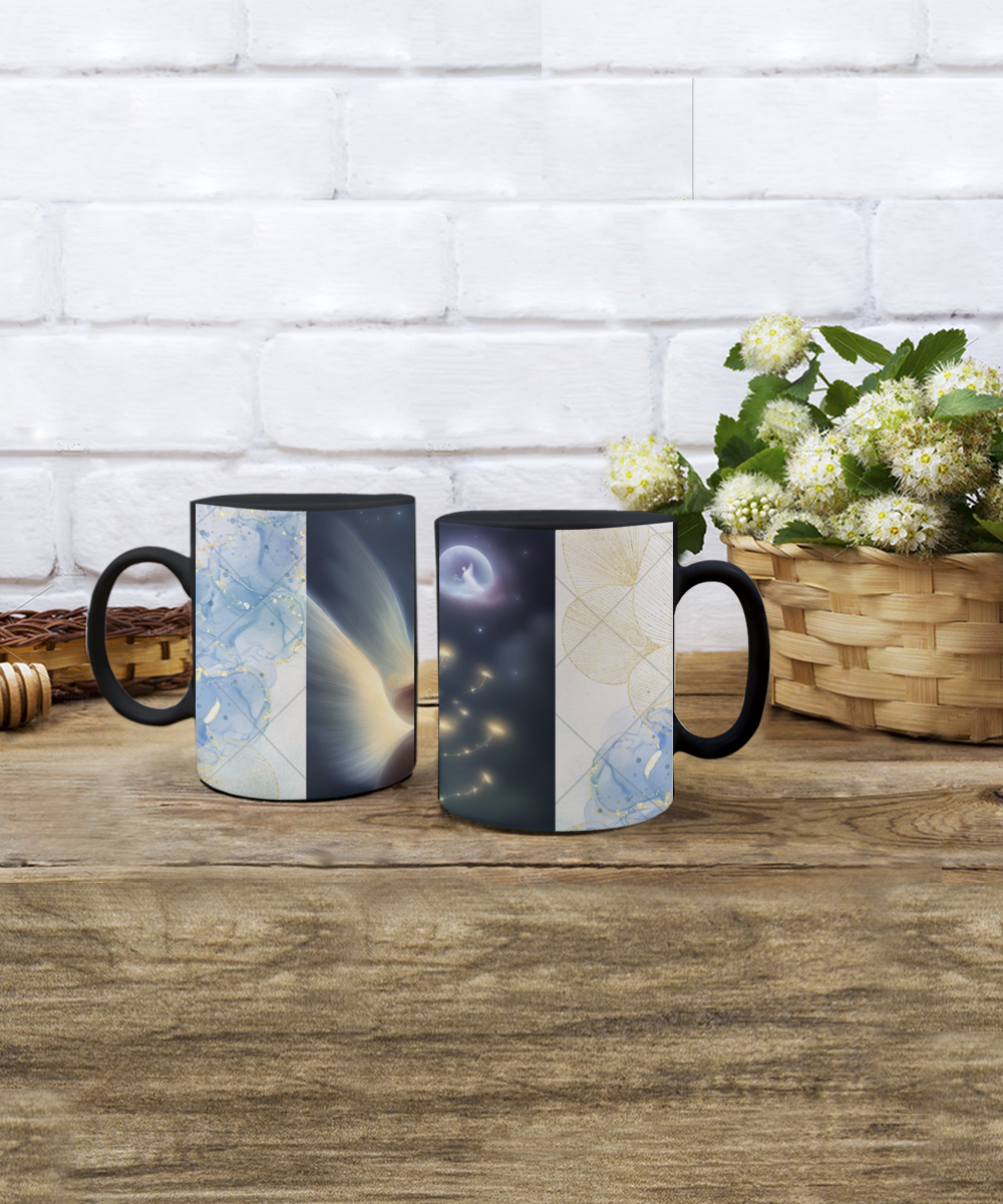 Full wrap mug, 11oz, 15oz, angel blowing on dandelion pod, making a wish