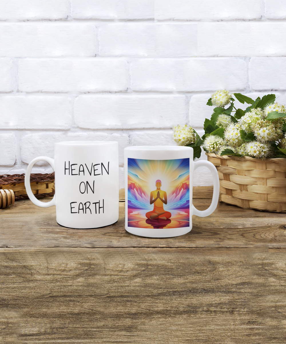 heaven on earth mug, large text and bright fantasy image of man in prayer hands and bright aura, 11oz, 15 oz mug, coffee cup, gift for spiritual male, female