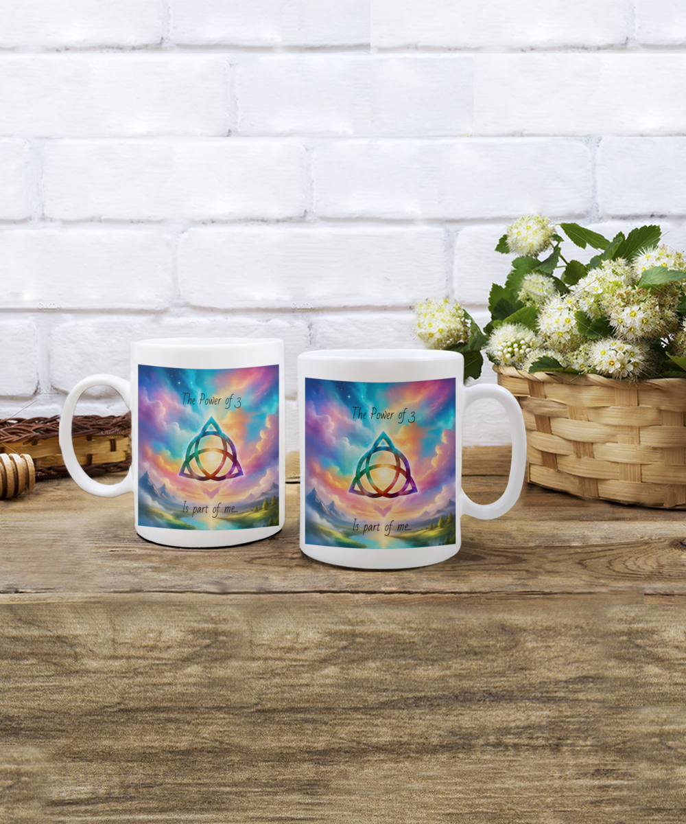 The power of 3 is part of me mug, 11oz, 15oz, black, white, colourful, affirmation, empowering, triquetra symbol, gift for charmed lovers