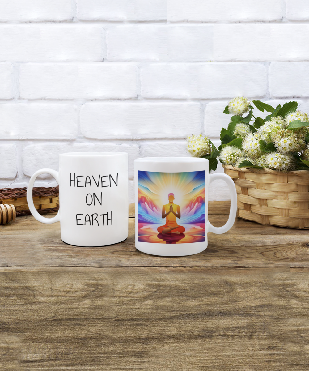 heaven on earth mug, large text and bright fantasy image of man in prayer hands and bright aura, 11oz, 15 oz mug, coffee cup, gift for spiritual male, female