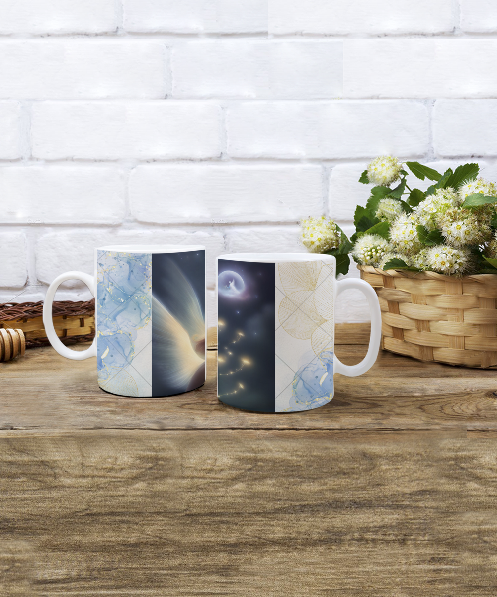 Full wrap mug, 11oz, 15oz, angel blowing on dandelion pod, making a wish