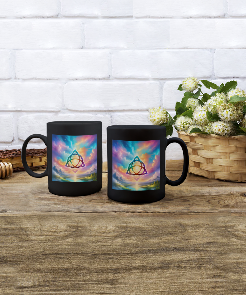 trquetra coffee mug, the power of three is part of me, 11oz, 15oz, colourful, bright, affirmation, empowered, sky, symbol, gift for charmed lovers