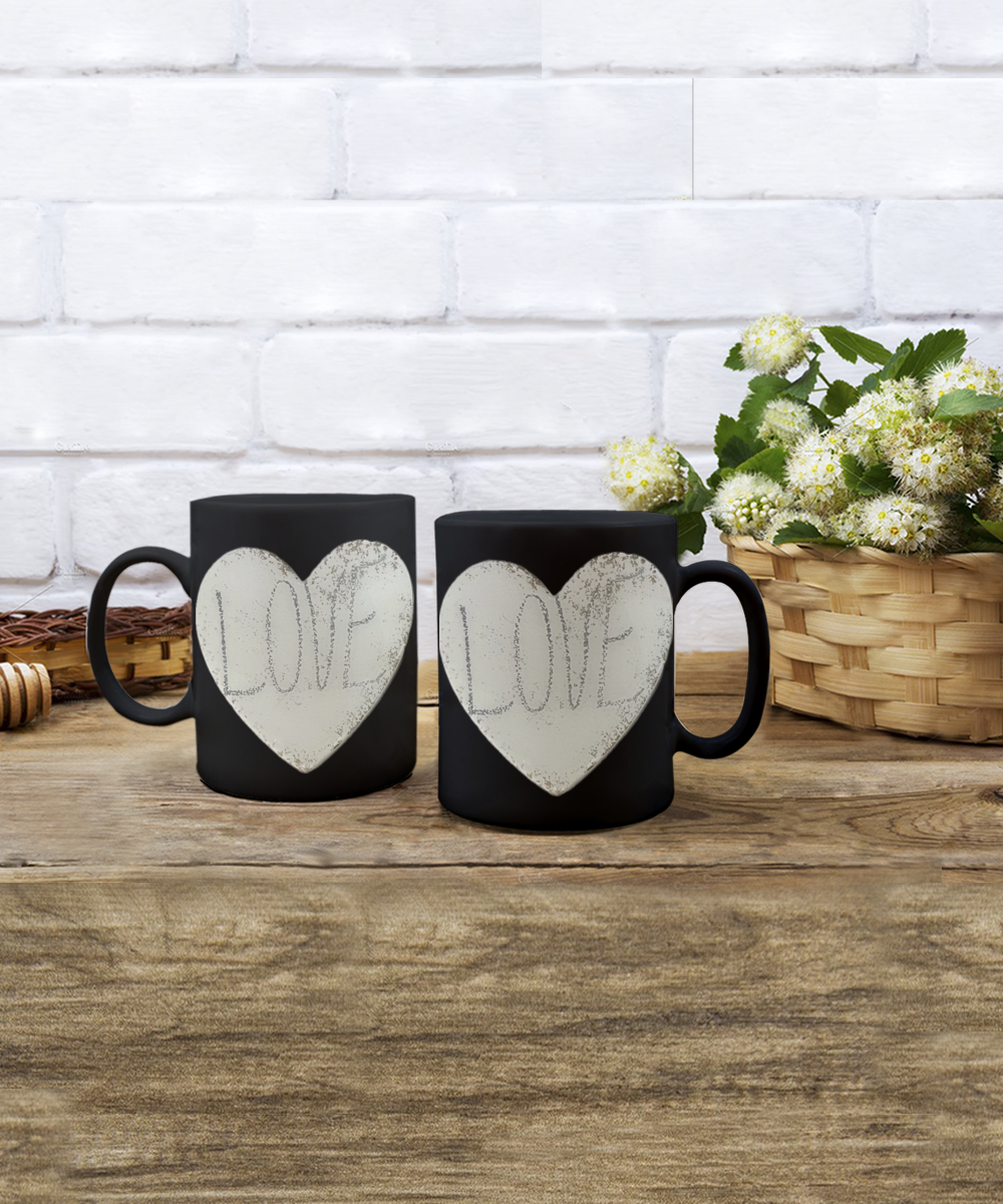 11oz love mug in black or white, stone look, love heart and text, gift for him or her, loved one