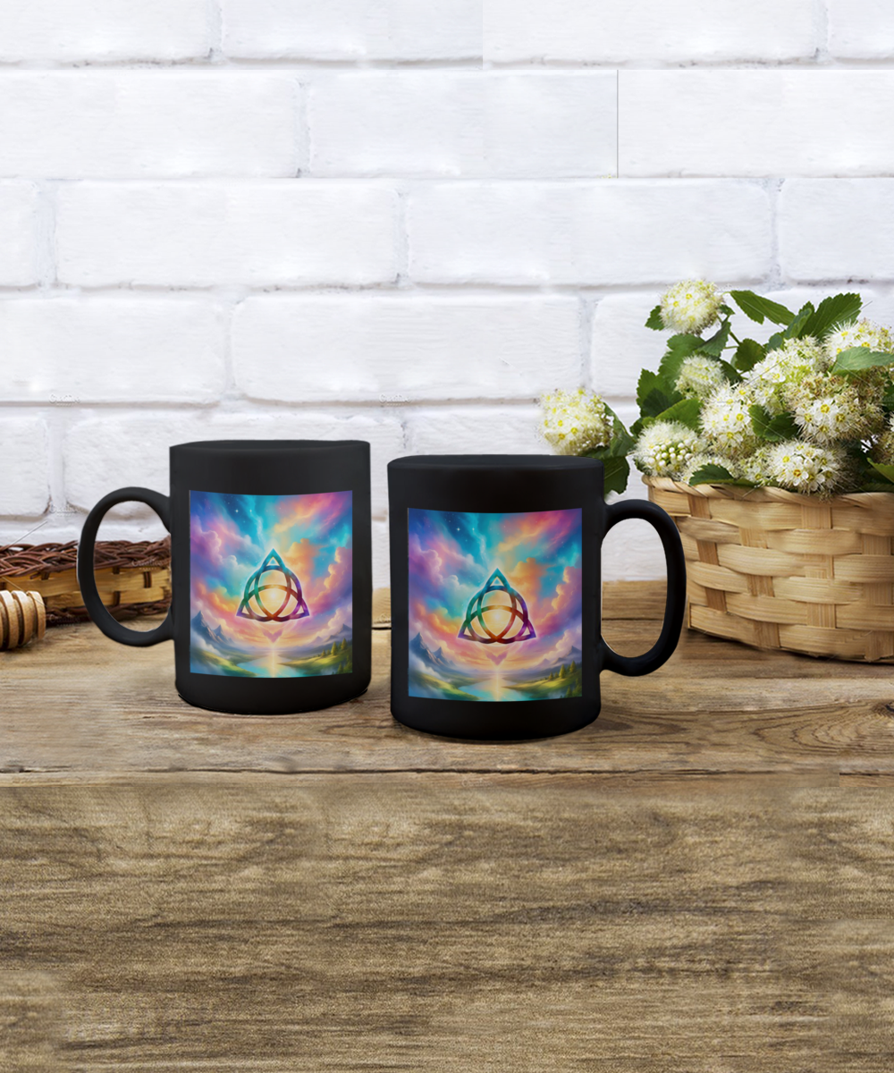 trquetra coffee mug, the power of three is part of me, 11oz, 15oz, colourful, bright, affirmation, empowered, sky, symbol, gift for charmed lovers