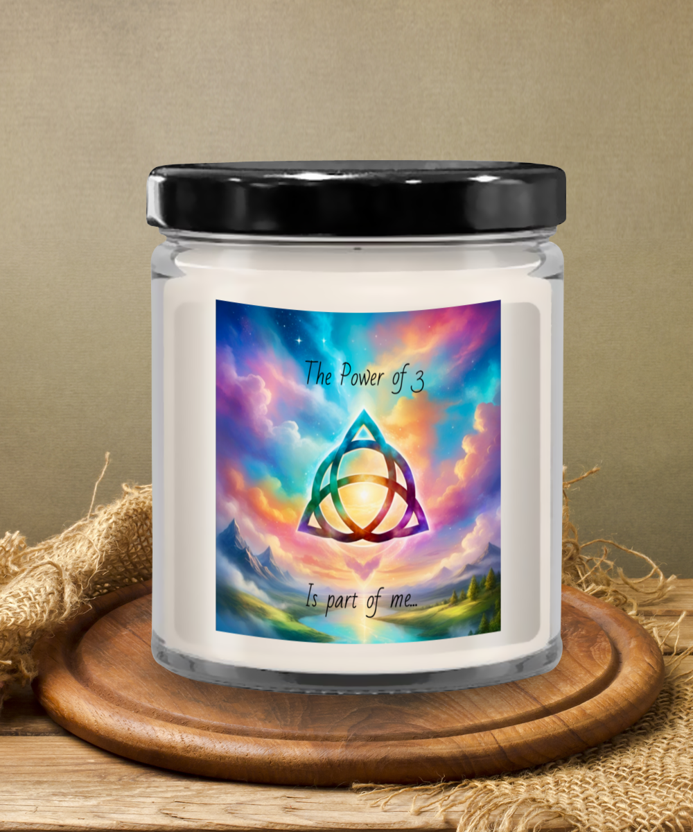 The power of 3 is part of me candle, vanilla scented, soy wax, container candle, spiritual, triquetra symbol, affirmation