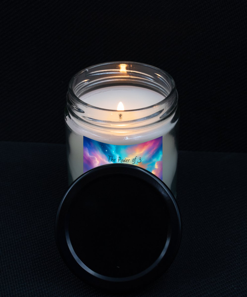 The power of 3 is part of me candle, vanilla scented, soy wax, container candle, spiritual, triquetra symbol, affirmation